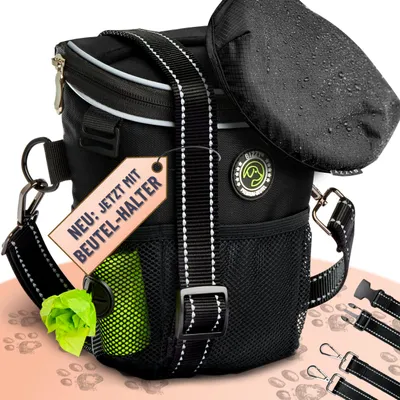 Produktbild von GIZZY® DAS ORIGINAL | Leckerlitasche für Hunde Schwarz + REGENHAUBE | Leckerlibeutel für Hunde mit praktischer Einhand-Öffnung