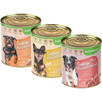 Produktbild von 18 x 800 g Lecker.Pet® Gino's, Josie's & Luna's Saftige Fleischmahlzeit Hunde Nassfutter Mix Vollnahrung - je Sorte 6 Dosen