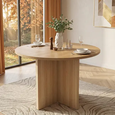 Produktbild von Flieks Runder Esstisch mit Verstellbare Fußpolster, geeignet für 4-6 Personen, Esszimmertisch 120x120x75cm, Küchentisch, Eichenfarbe