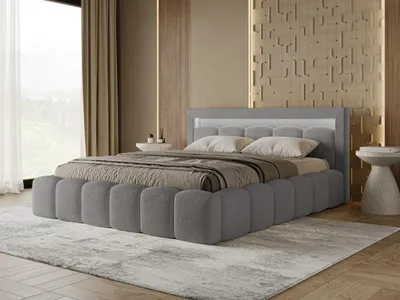 Produktbild von Chilly Möbel Design LUMI Polsterbett 200x200 cm mit Bettkasten & LED-Beleuchtung – Doppelbett Bouclé Dunkelgrau, Metallrahmen, Lattenrost & großer Stauraum Quele92