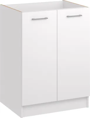 A white kitchen base cabinet with two doors and silver handles, shown from the front.