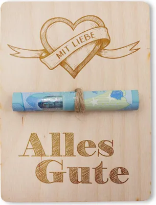 Produktbild von Verpackung für Geldgeschenk Gutschein Holz Tafel 12x9cm mit Schnur 09 Alles Gute