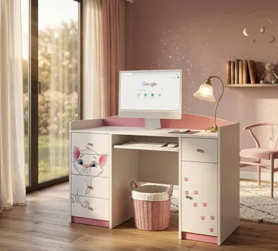 Produktbild von Happy Babies Kinderschreibtisch 125x89x60 PC-Tisch für Kinderzimmer mit Tastaturablage Decorativer Computertisch weiß Rosa Muster Kätzchen