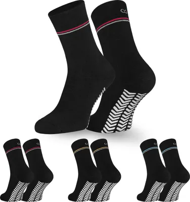 Produktbild von OCERA 3 Paar Thermo Stoppersocken mit ABS - Anti Rutschsocken mit Innenfrottee für Damen und Herren - Schwarz mit bunten Ringel 43-46