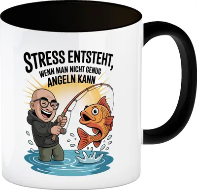 Produktbild von Fröhlicher Angler Spruch Kaffeebecher in schwarz für Angelfans