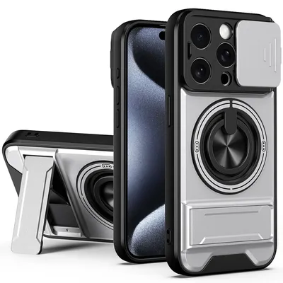 Obrázek produktu pro Magnetické pouzdro pro iPhone 15 Plus Ochranné pouzdro s posuvným krytem fotoaparátu a kroužkovým stojánkem Stříbrná