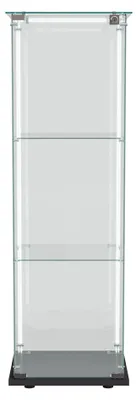 Obrázek produktu pro Skleněná vitrína – stojací vitrínová skříň – 3 skleněné police – LED osvětlení – dveře se zámkem – kovový rám – 123,3 × 39,8 × 35 cm – černá barva