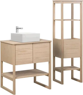 Image de Meuble de Salle De Bain Chêne 70 cm + Colonne de rangement Chêne 145 cm ATOLL + Vasque carrée 36 cm