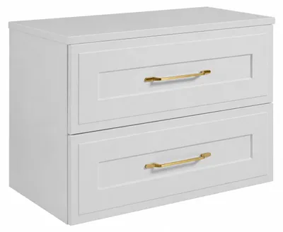 Immagine prodotto di Mobile bagno sospeso, 80 cm di larghezza, con cassetti, struttura bianca e piano bianco, maniglie dorate, dimensioni 80 x 46 x 58,6 cm, Immagine generata dall'IA