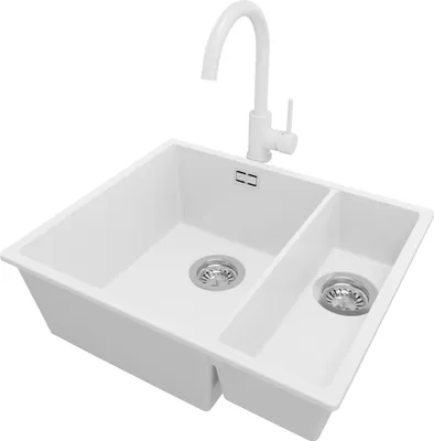 Produktbild von PRIMAGRAN Granitspüle Weiß 56x47cm, Spülbecken 1,5 Becken + Küchenarmatur 32x20cm + Ablauf-Set, Küchenspüle ab 60er Unterschrank - London Slim Duo