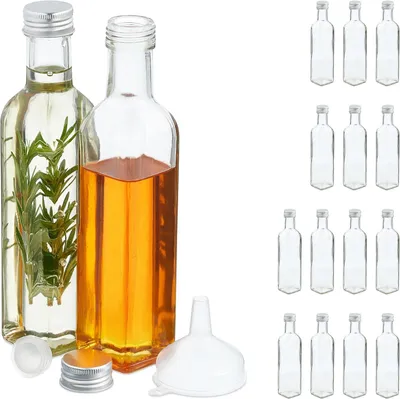 Immagine prodotto di Bottigliette di vetro - Set da 16 - Mini bottiglie vuote per liquori, olio, succhi - Bottigliette per liquori - 250 ml - Trasparente