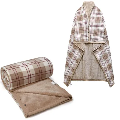 Imagen del producto de Manta-poncho de forro polar cómoda y portátil, con botones - Diseño a cuadros marrón