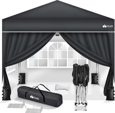 Produktbild von tillvex Pavillon 3x3m Anthrazit - mit 4 Seitenteilen wasserdicht | Pop-Up Faltpavillon höhenverstellbar | Gartenzelt UV Schutz 50+ | Partyzelt mit Tasche für Garten
