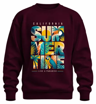 Immagine prodotto di Felpa con cappuccio "California Summertime", stile vacanza tropicale con motivo di tucano, colore bordeaux, taglia XXL
