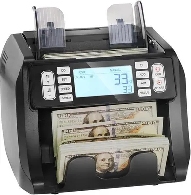 Immagine prodotto di Contatore di banconote, dotato di sistemi di rilevamento di contraffazioni UV, MG, IR e DD, per banconote USD ed EUR, con modalità Optel e batch, dotato di un grande display LCD e di un display esterno