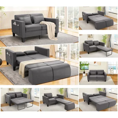 Image de canapé-lit multifonctionnel 6 en 1 150 cm, lit double extensible avec dossier amovible, compartiments de rangement & 2 coussins,Futon en lin moderne