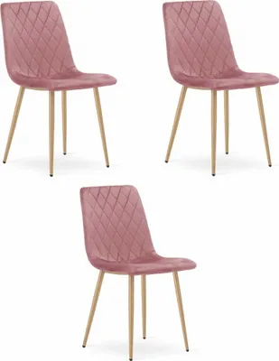 Image de Chaise Valora TURIN en velours rose et pieds en bois, lot de 3 - Trio de chaises de salle à manger rose tendre