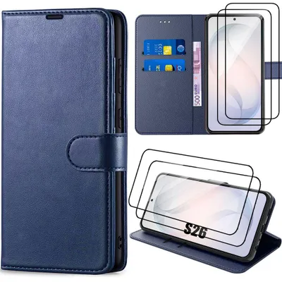 Image de Coque + 2 Verres Trempés pour Samsung Galaxy S26, Protection Rabat Cuir Synthétique Antichoc Bleu Marine
