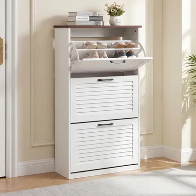 Produktbild von Schuhschrank 3 Klappen schmal mit Metallgriff verstellbare Trennwand 114x62x25 cm Weiß