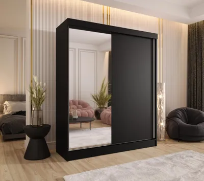 Produktbild von Schwebetürenschrank 2-türig 180x205x58 cm Schwarz mit Spiegel und 4 Schubladen – Moderner Kleiderschrank für Schlafzimmer und Flur