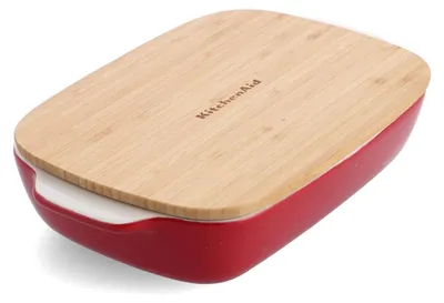 Image de Plat à gratin en grès KitchenAid avec couvercle, revêtement antiadhésif en céramique, lavable au lave-vaisselle