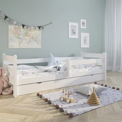 Produktbild von Kinderbett Jugendbett 90x200 cm mit Rausfallschutz | Voll-Holz inkl. Lattenrost & Schublade in weiß Kiefer | Mädchen Jungen Bett skandinavisch