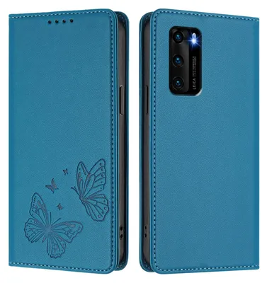 Produktbild von Lederhülle für Huawei P40, Schmetterling Prägung Leder Brieftasche Schutzhülle mit Ständer Blau