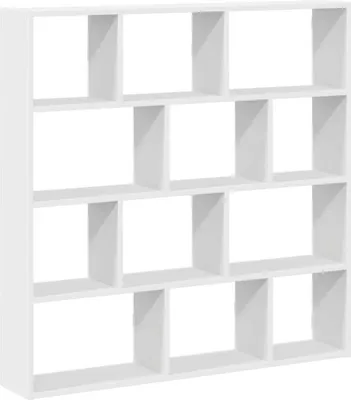 A white modular shelving unit with 12 compartments.