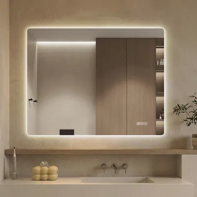 Obrázek produktu pro MODFU LED zrcadlo do koupelny, 70×90 cm, bez rámu, nástěnné, s funkcí proti zamlžování, stříbrné barvy