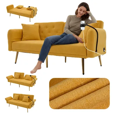 Produktbild von LVHOM Klappsofa mit Schlaffunktion, Schlafsofa 2-Sitzer mit USB und Handyhalter, Bettcouch mit Seitentasche, Polstersofa mit 3 Fach Rückenlehne, Gelb