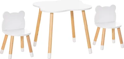Produktbild von HOMCOM 3-teiliges Kindertisch-Set bogenförmige Kindersitzgruppe Tisch mit 2 Stühlen MDF Tischbeine aus Kiefernholz Weiß+Naturholz 56 x 56 x 50 cm