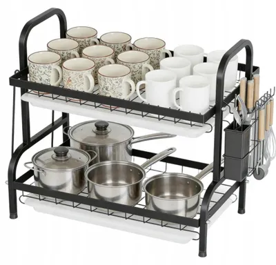 Immagine prodotto di Portaoggetti per stoviglie - Scolapiatti a 2 livelli per piano di lavoro della cucina - Acciaio - Impilabile - Contenitore per scolatura - Porta posate - Nero