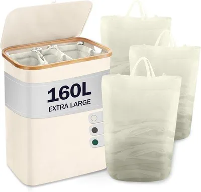 Produktbild von Bambus-Wasmand mit Deckel und 3 Fächern beige 160l