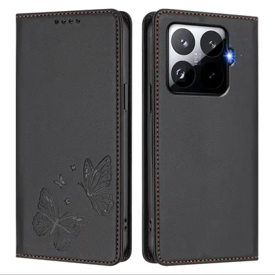 Produktbild von Lederhülle für Xiaomi 15T Pro, Schmetterling Prägung Leder Brieftasche Schutzhülle mit Ständer Schwarz