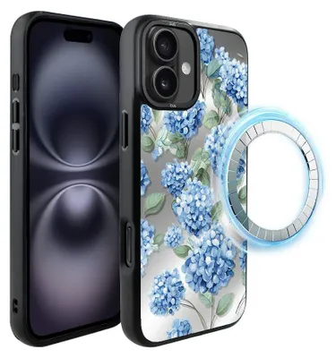 Produktbild von Schutzhülle für das iPhone 16, MagSafe-kompatibel, mattschwarze Seiten, Hortensienblüten