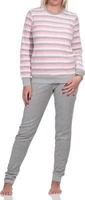 Produktbild von Damen Frottee Schlafanzug langarm mit Bündchen - Streifenoptik - auch in Übergrössen ; rosa1 , 44