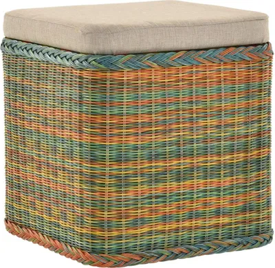Produktbild von KRINES HOME Rattan Wäschekorb Wäschetruhe Sitz gepolstert Honig, Flur-Bank Aufbewahrungsbox mit Deckel Bad-Hocker Sitzhocker Wäschesammler Sitz-Truhe Natur (Bunt, Quadratisch)