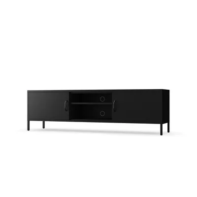A black metal TV stand with two doors and an open compartment in the center.