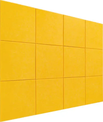 A wall covered with yellow acoustic panels.