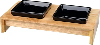 Produktbild von Set aus Keramiktropfschalen für Hundefutter mit Holzhalterung – 2 Stück, je 0,2 Liter / 10 cm