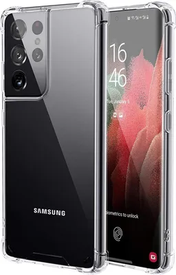 A clear protective case for a Samsung Galaxy S21 Ultra phone is shown, with the phone inside the case. The phone screen displays the time and date.