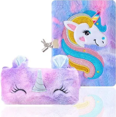 Produktbild von Famanu Tagebuch A5 Plüsch Einhorn mit Schloss - Notizbuchset für Mädchen - Lila