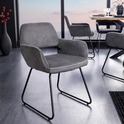 Produktbild von riess-ambiente Design Stuhl MUSTANG grau Cord mit Armlehne schwarz Metall Esszimmerstuhl Essstuhl Polsterstuhl