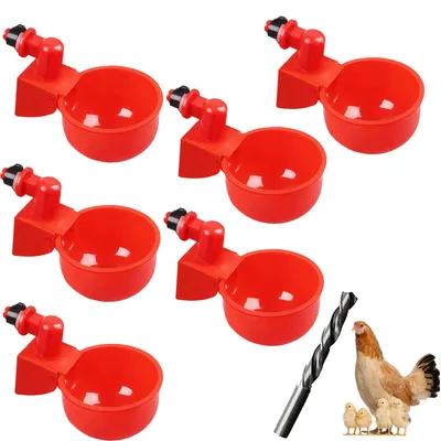 Geflügel-Trinkbecher, automatisch, Kunststoff, rot, 6 Stück + Bohrer