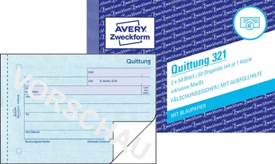 Produktbild von Avery Zweckform 321, Quittung inkl. MwSt., A6 quer, mit Blaupapier, 2x50 Blatt