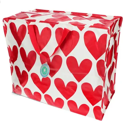 Produktbild von LS-LebenStil XXL Jumbo Bag Herzen Rot Weiß 55cm faltbar Kunstsoff Einkaufstasche Unterbettkommode Aufbewahrungstasche Kleidung Bettdecken Kissen