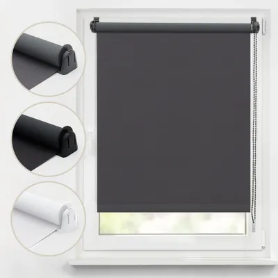 A collage showing a gray roller blind on a window, with close-up insets of gray, black, and white roller blind mechanisms.