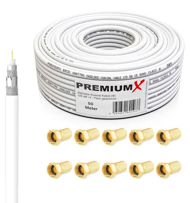 Produktbild von PremiumX 50m BASIC Koaxialkabel 135dB 4-fach SAT Koax Kabel 10x F-Stecker
