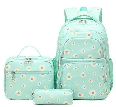 Immagine prodotto di Set di zaini per scuola, modello vintage a fiori, verde, per ragazze adolescenti, composto da 3 pezzi: zaino, borsa per il pranzo e astuccio