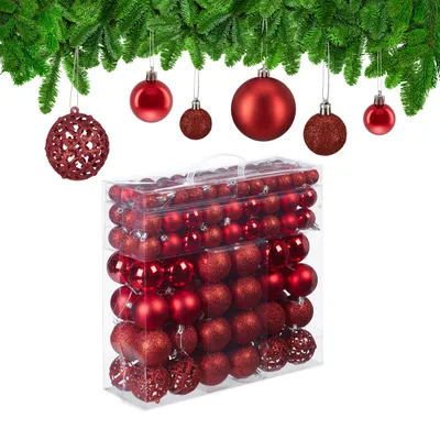 Produktbild von Relaxdays Weihnachtskugeln im 150er Set, glitzernde, matte & glänzende Christbaumkugeln, Kunststoff, ∅ 3, 4 & 6 cm, rot